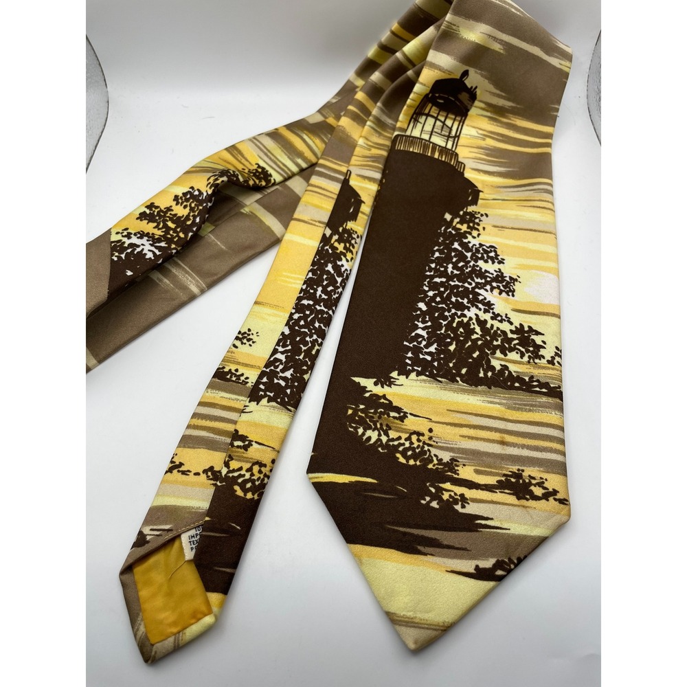 Vintage Damon Lighthouse Landscape Tie Brown Yellow Retro 70s Polyester Wide